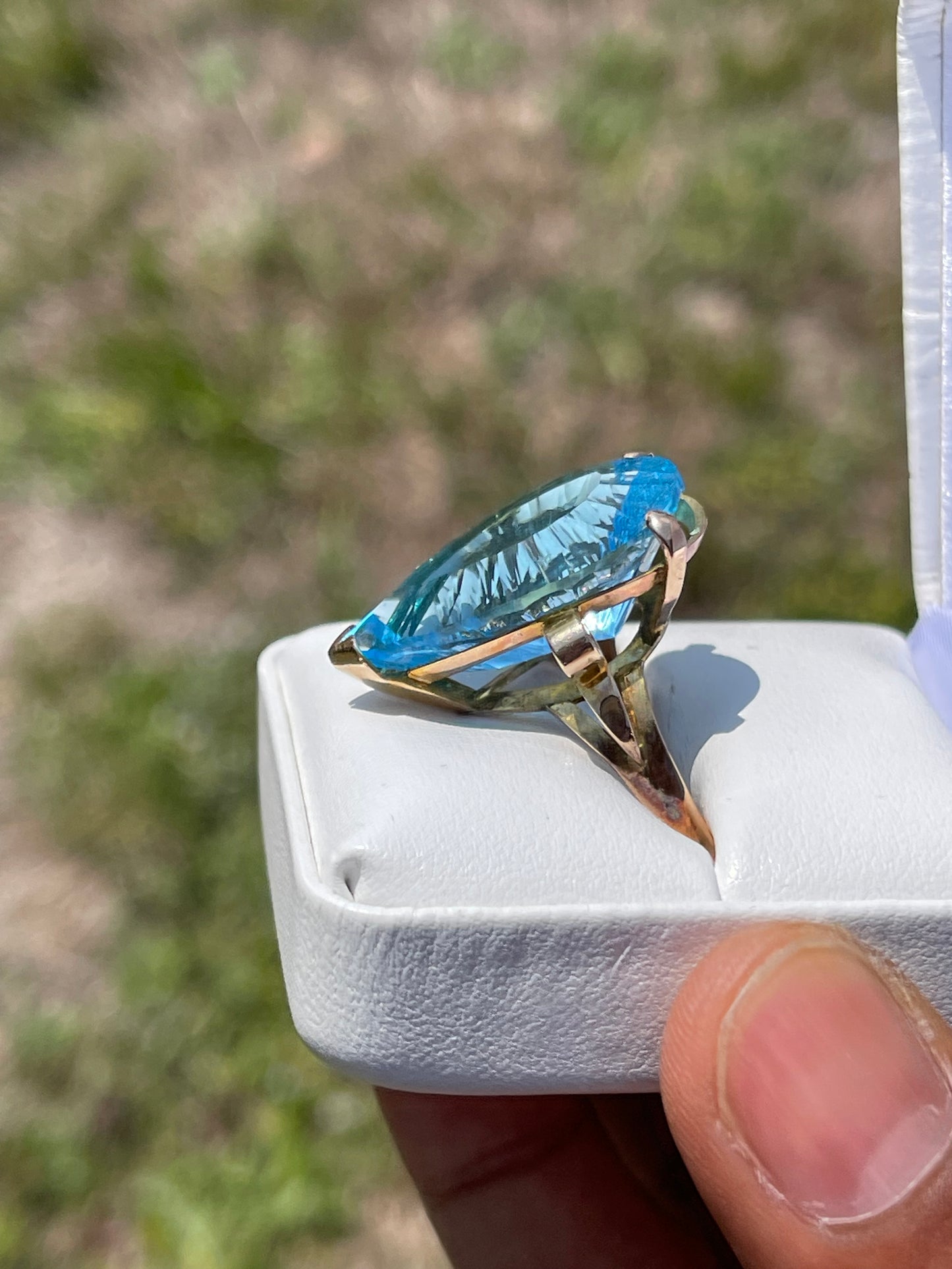 30.03 Carat Blue Topaz Custom Pear Cut 14k Yellow Gold Ring (Size 10)