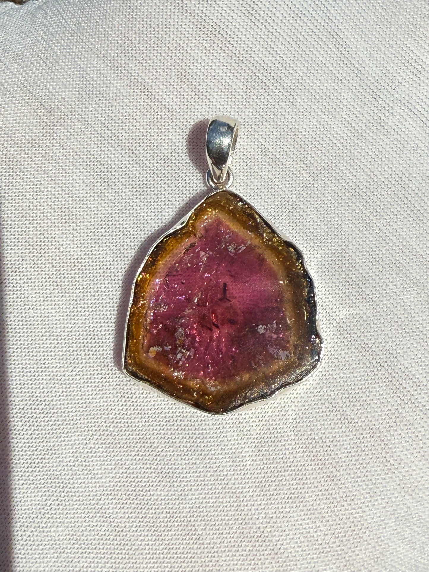 Handmade Natural Watermelon Tourmaline Slice Sterling Silver Pendant