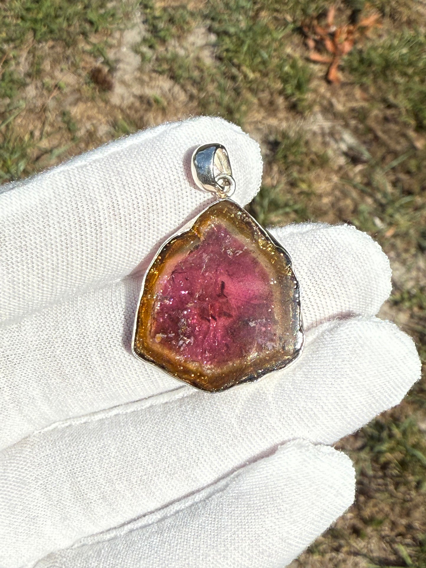 Handmade Natural Watermelon Tourmaline Slice Sterling Silver Pendant