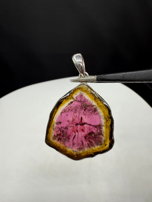 Handmade Natural Watermelon Tourmaline Slice Sterling Silver Pendant