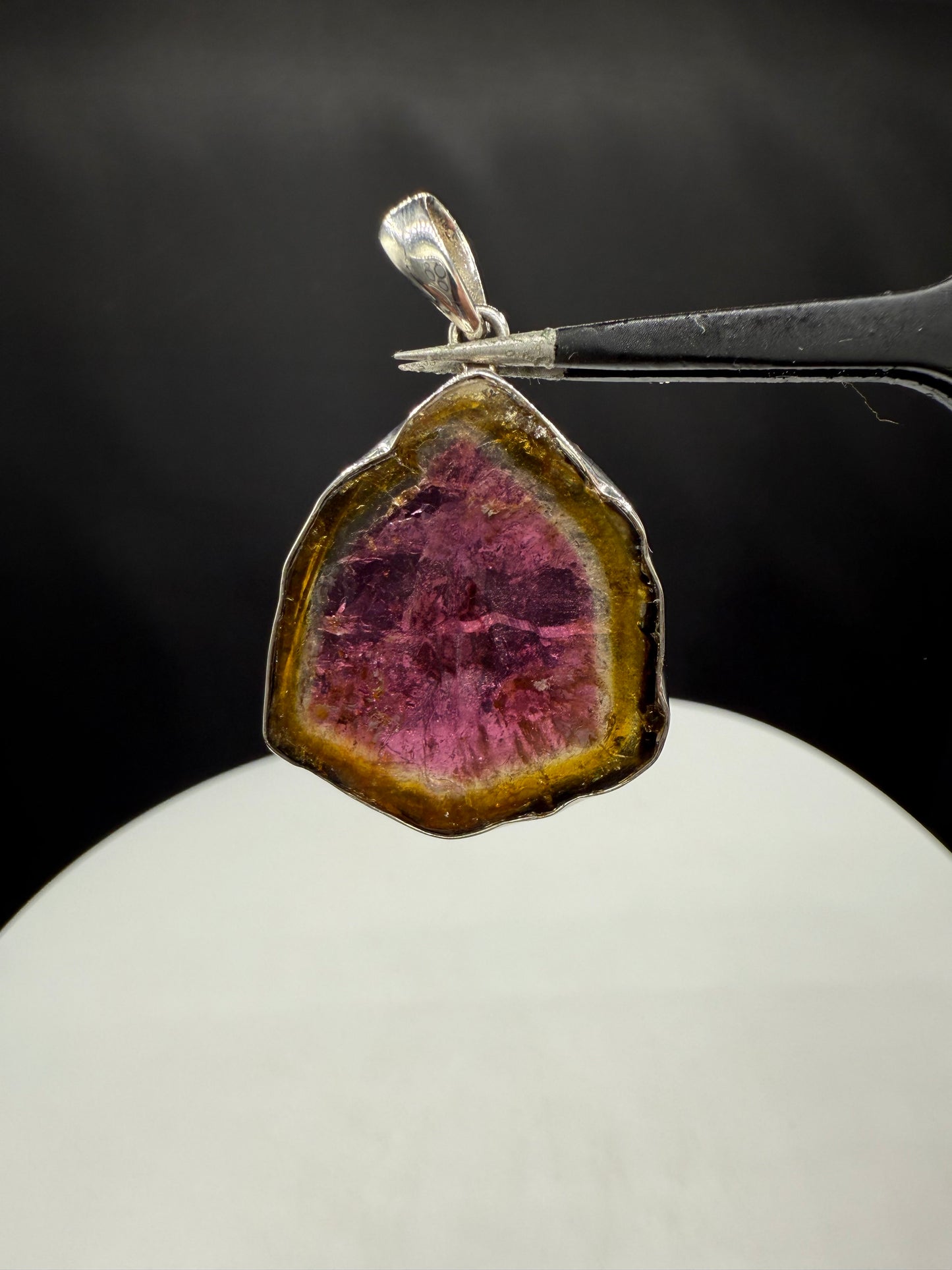 Handmade Natural Watermelon Tourmaline Slice Sterling Silver Pendant