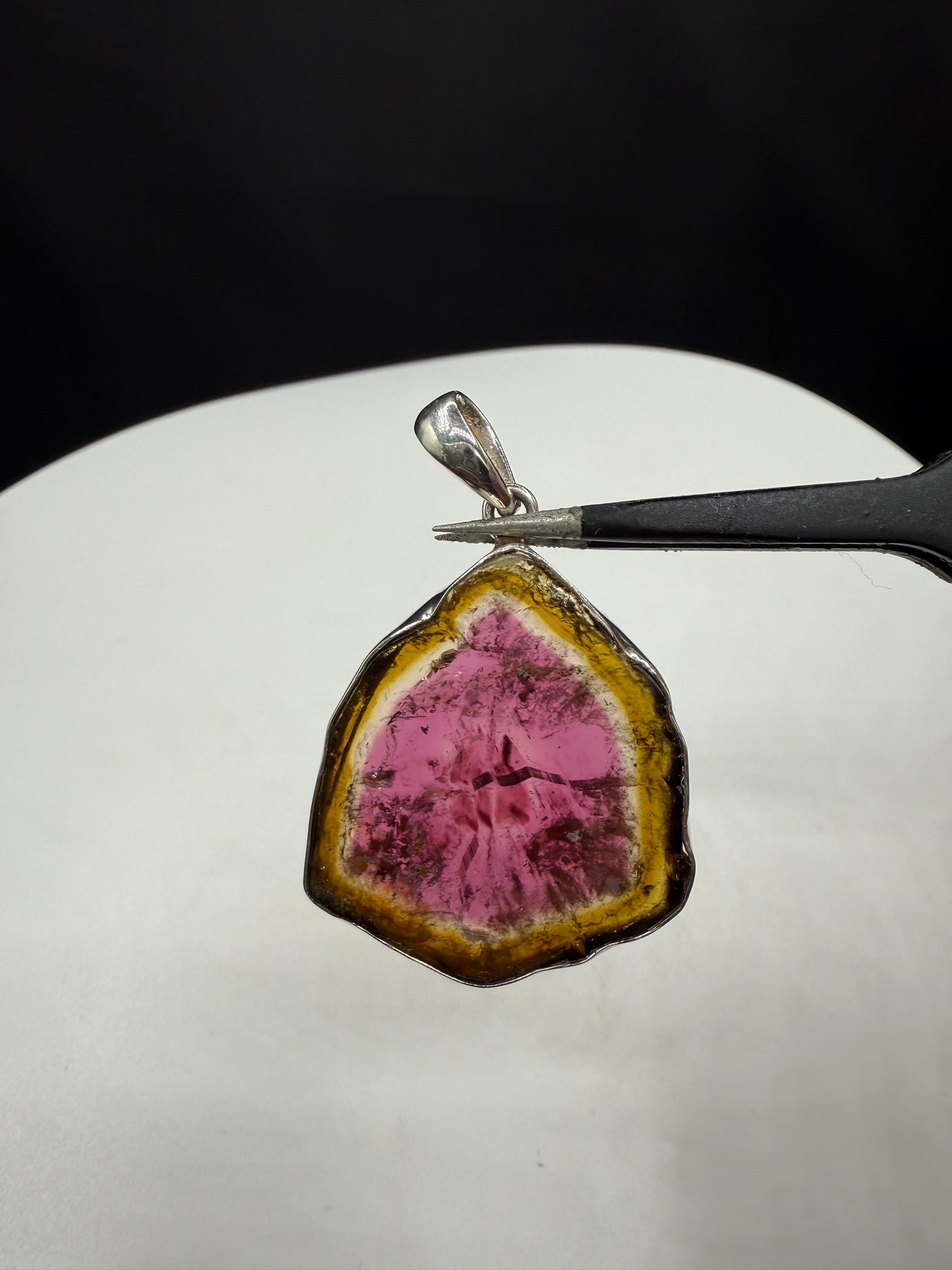Handmade Natural Watermelon Tourmaline Slice Sterling Silver Pendant