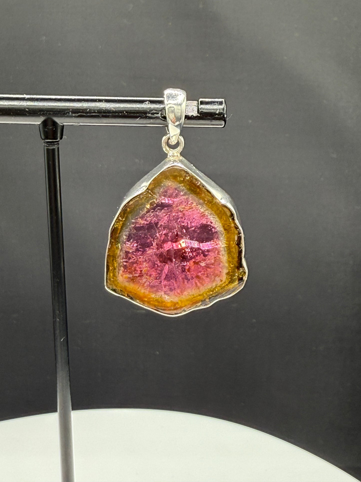 Handmade Natural Watermelon Tourmaline Slice Sterling Silver Pendant