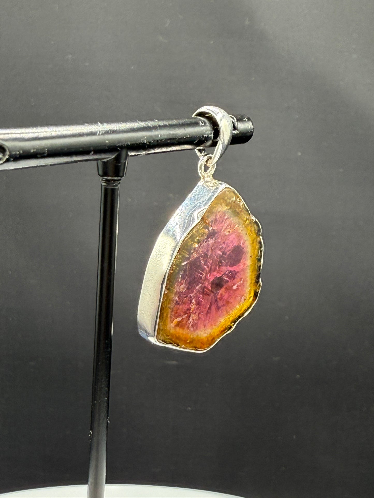 Handmade Natural Watermelon Tourmaline Slice Sterling Silver Pendant