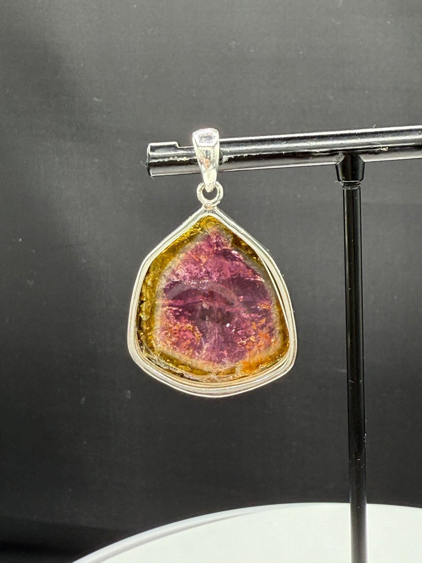 Handmade Natural Watermelon Tourmaline Slice Sterling Silver Pendant