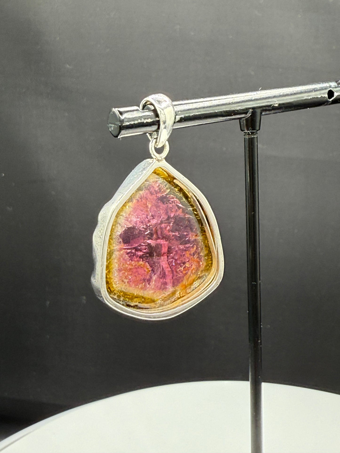 Handmade Natural Watermelon Tourmaline Slice Sterling Silver Pendant