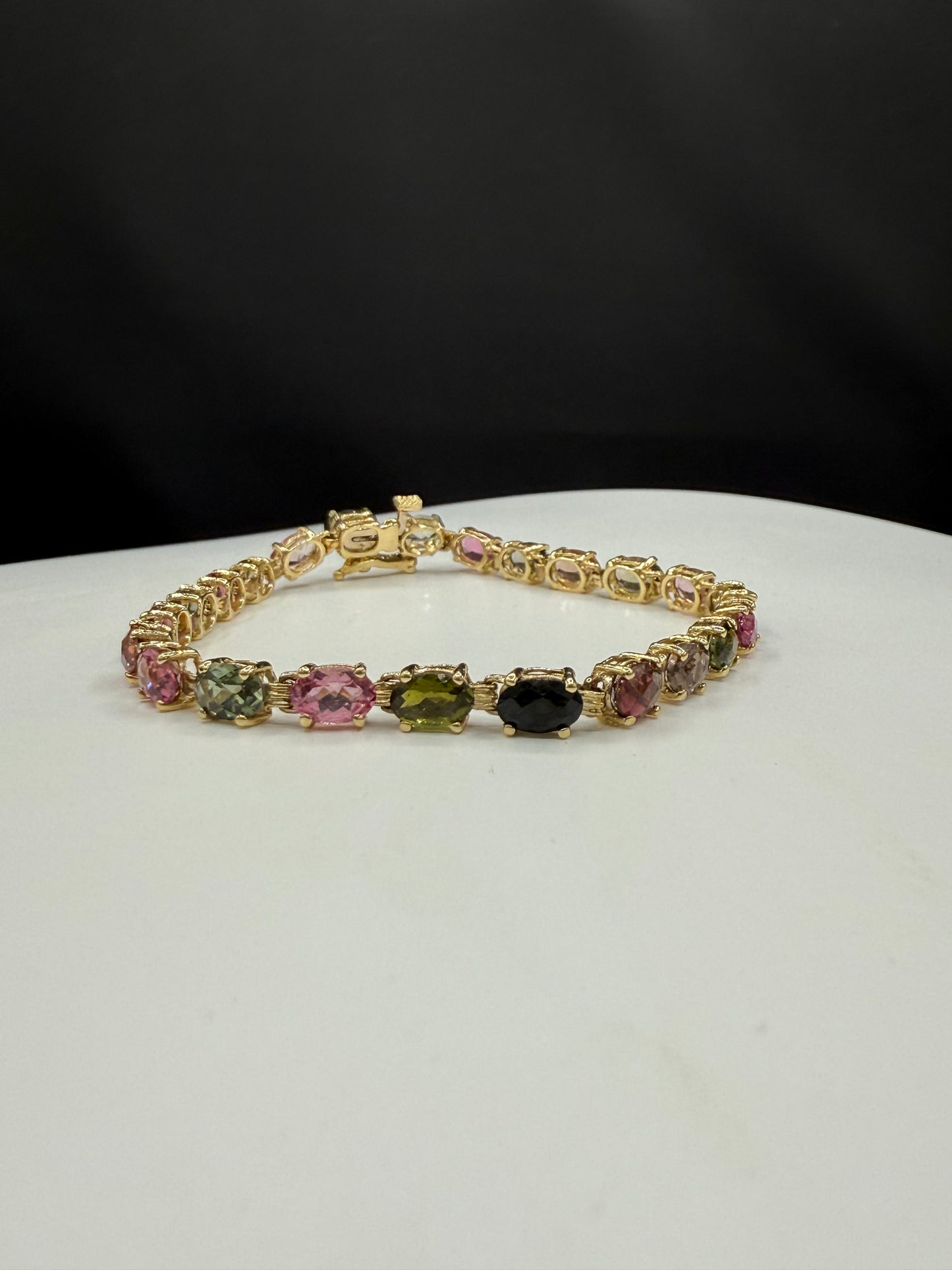 Natural Multicolor Tourmaline 14k Yellow Gold Tennis Bracelet - 16.10 Ct Oval Cut Gemstones, 7.5”