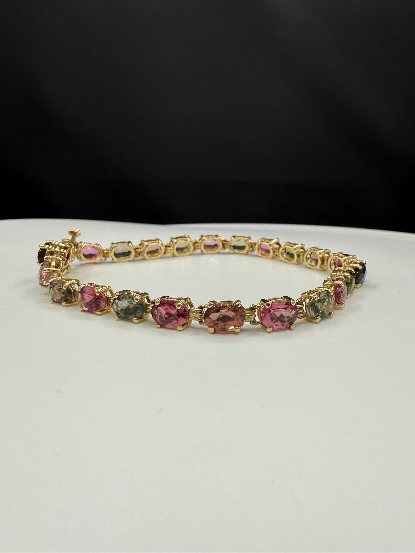 Natural Multicolor Tourmaline 14k Yellow Gold Tennis Bracelet - 16.10 Ct Oval Cut Gemstones, 7.5”