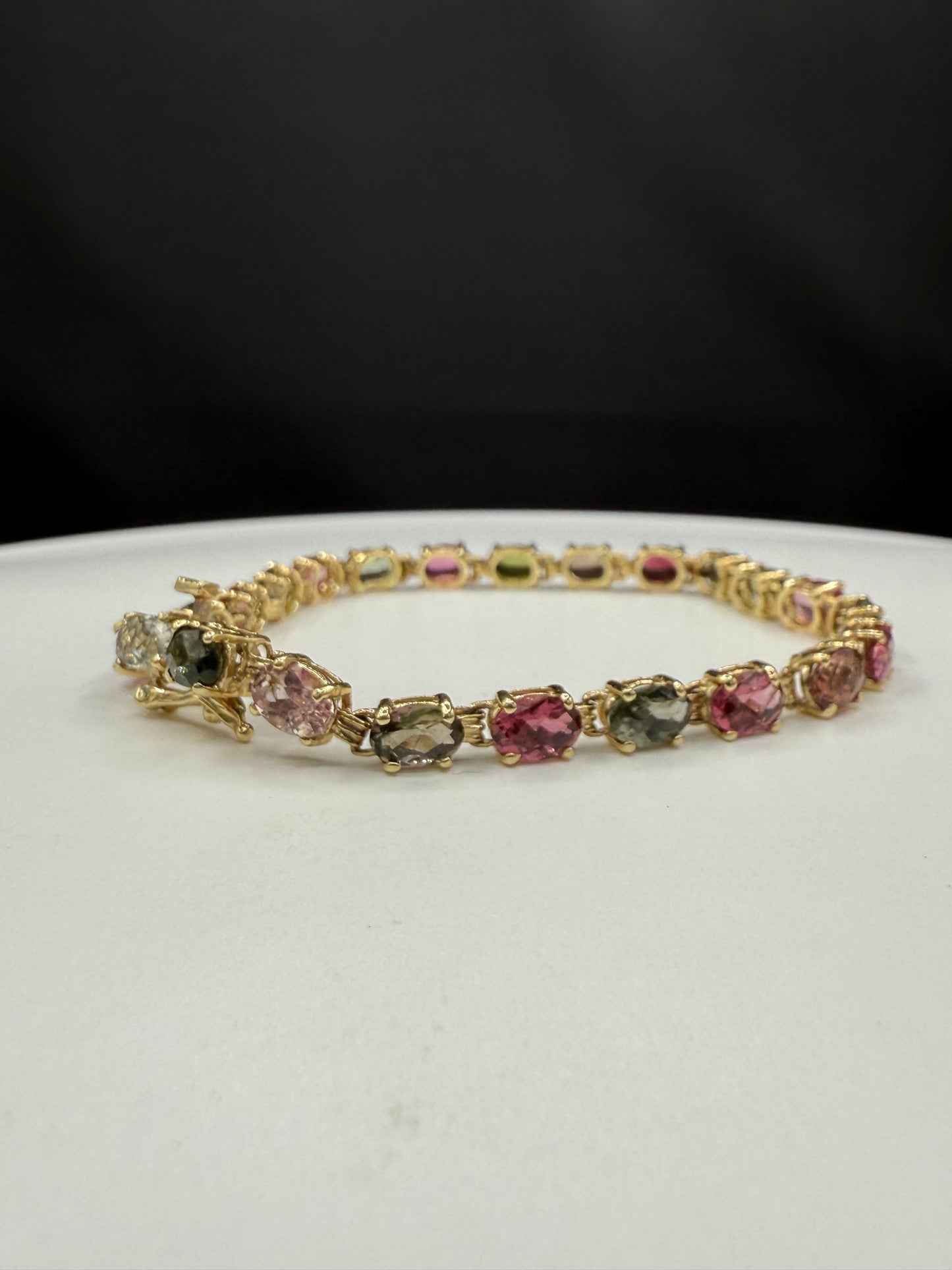 Natural Multicolor Tourmaline 14k Yellow Gold Tennis Bracelet - 16.10 Ct Oval Cut Gemstones, 7.5”