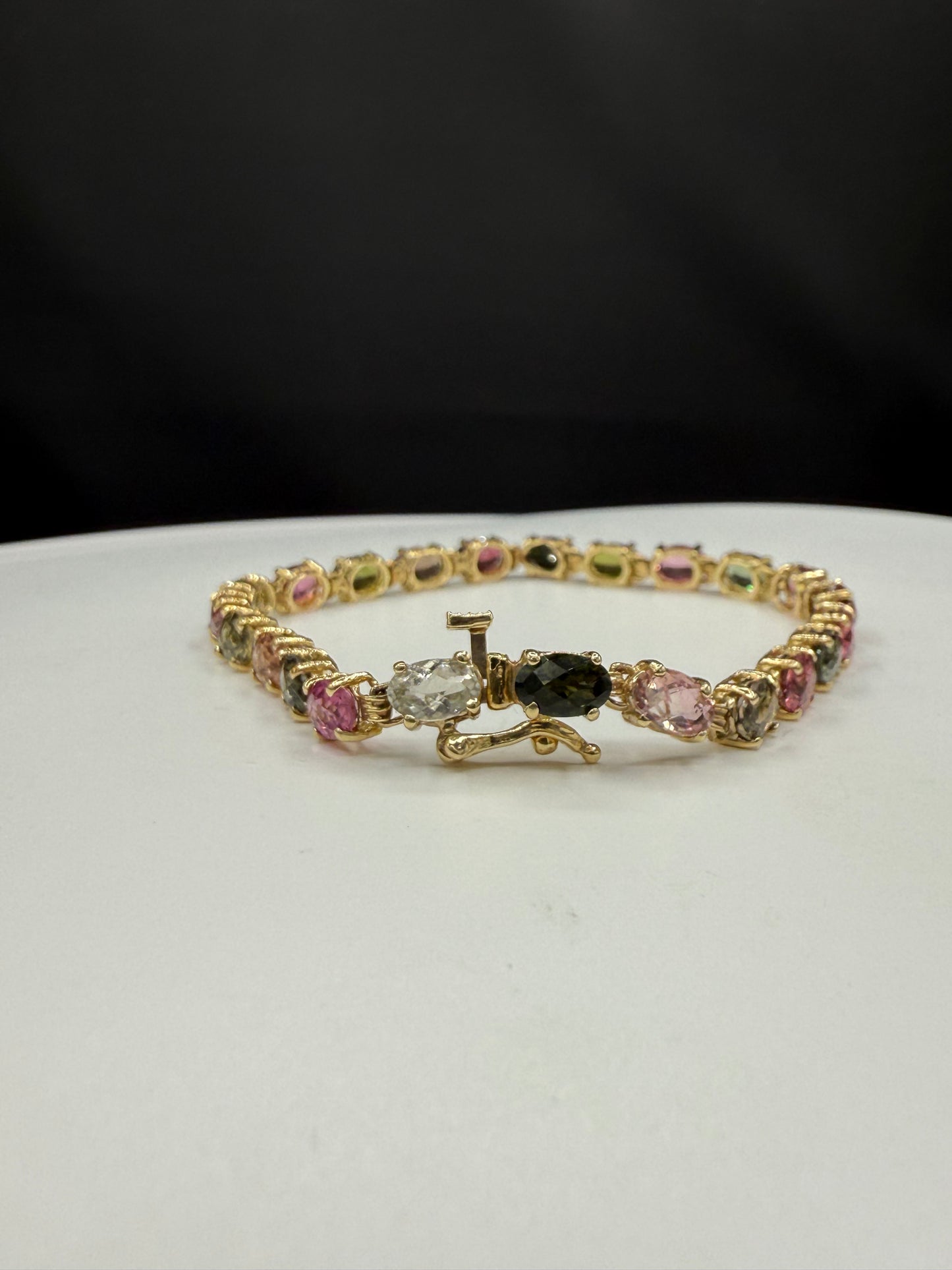 Natural Multicolor Tourmaline 14k Yellow Gold Tennis Bracelet - 16.10 Ct Oval Cut Gemstones, 7.5”