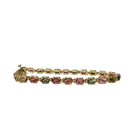 Natural Multicolor Tourmaline 14k Yellow Gold Tennis Bracelet - 16.10 Ct Oval Cut Gemstones, 7.5”