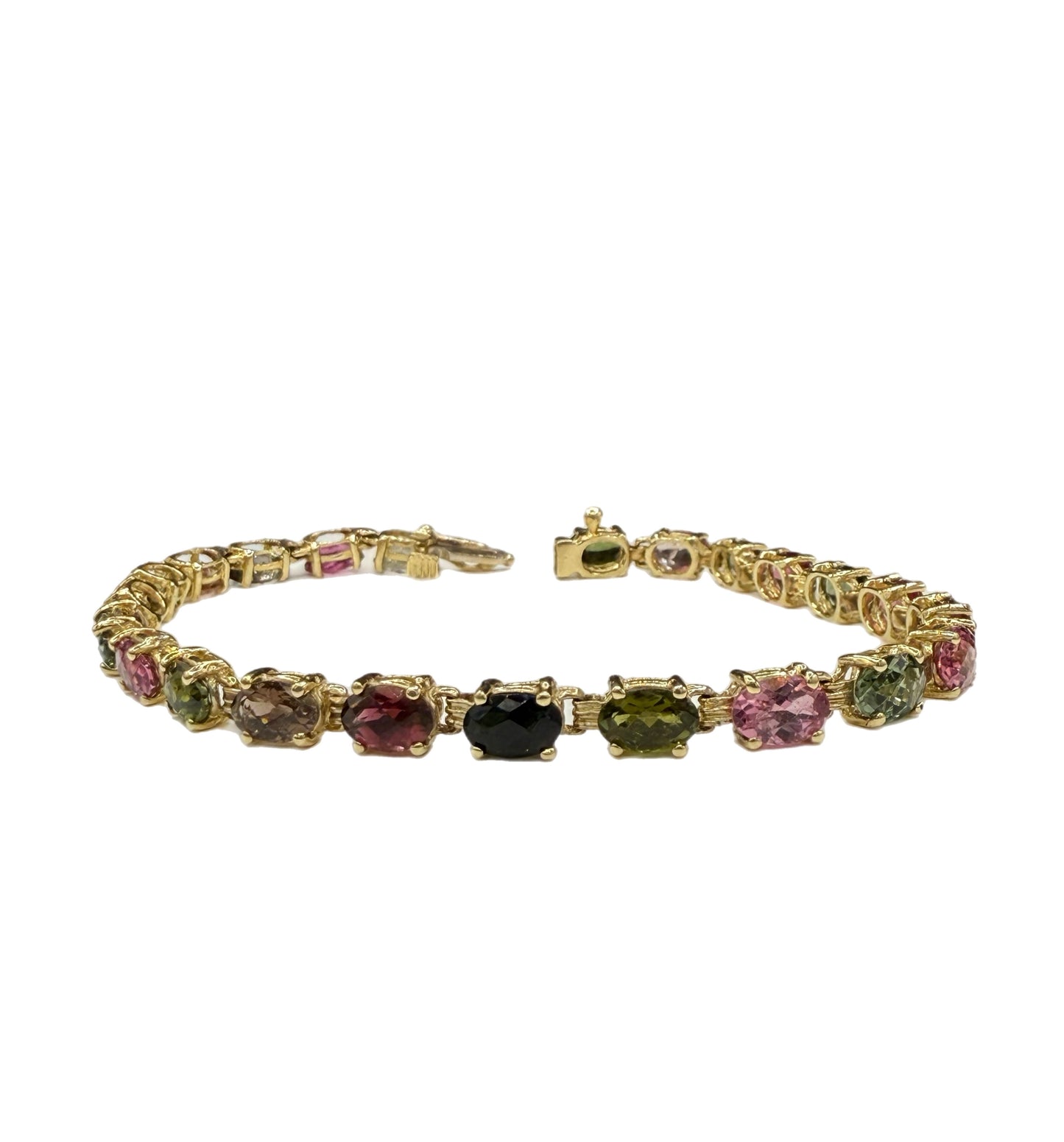 Natural Multicolor Tourmaline 14k Yellow Gold Tennis Bracelet - 16.10 Ct Oval Cut Gemstones, 7.5”