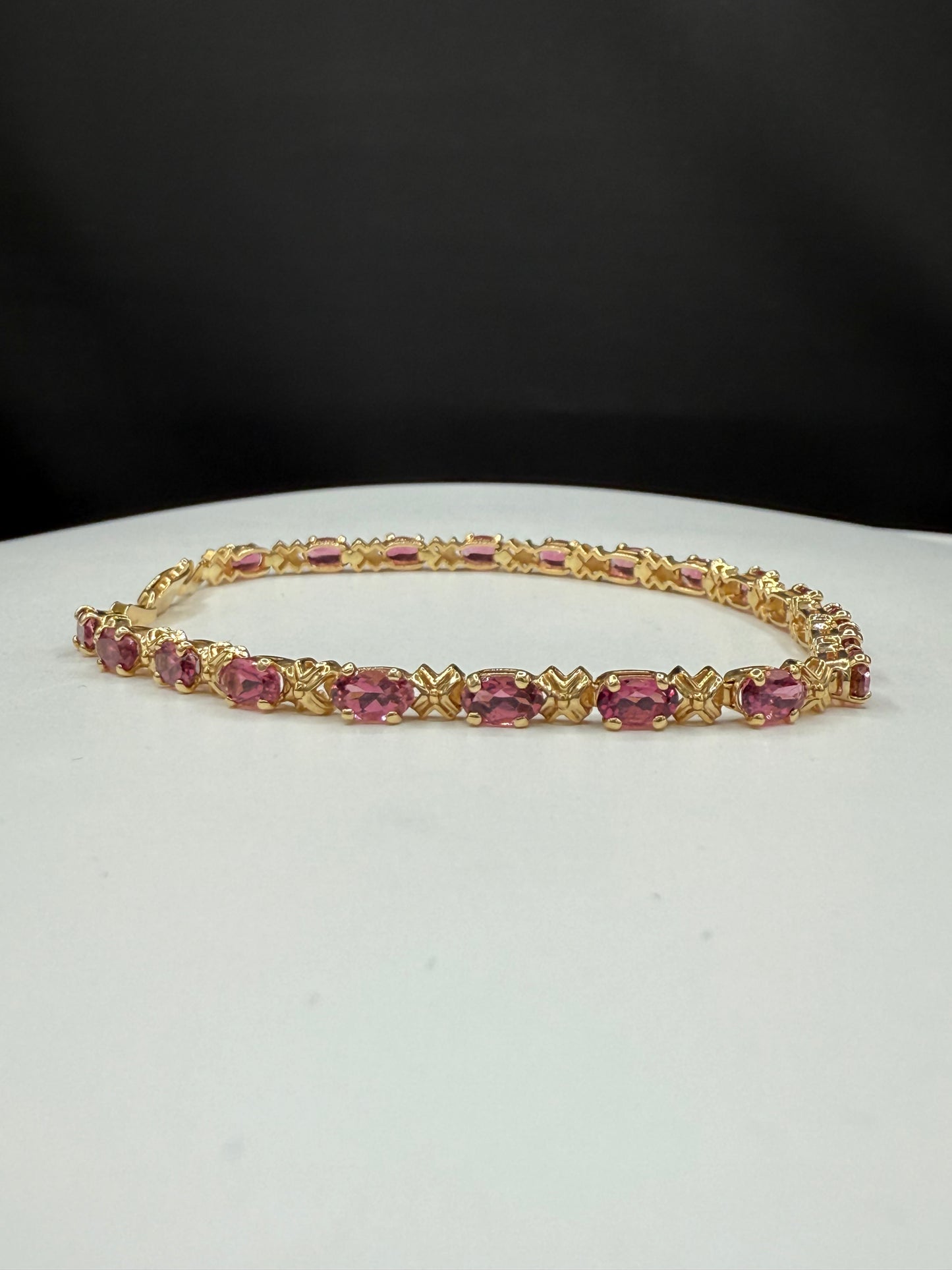 Natural Rubellite Pink Tourmaline 14k Yellow Gold Tennis Bracelet