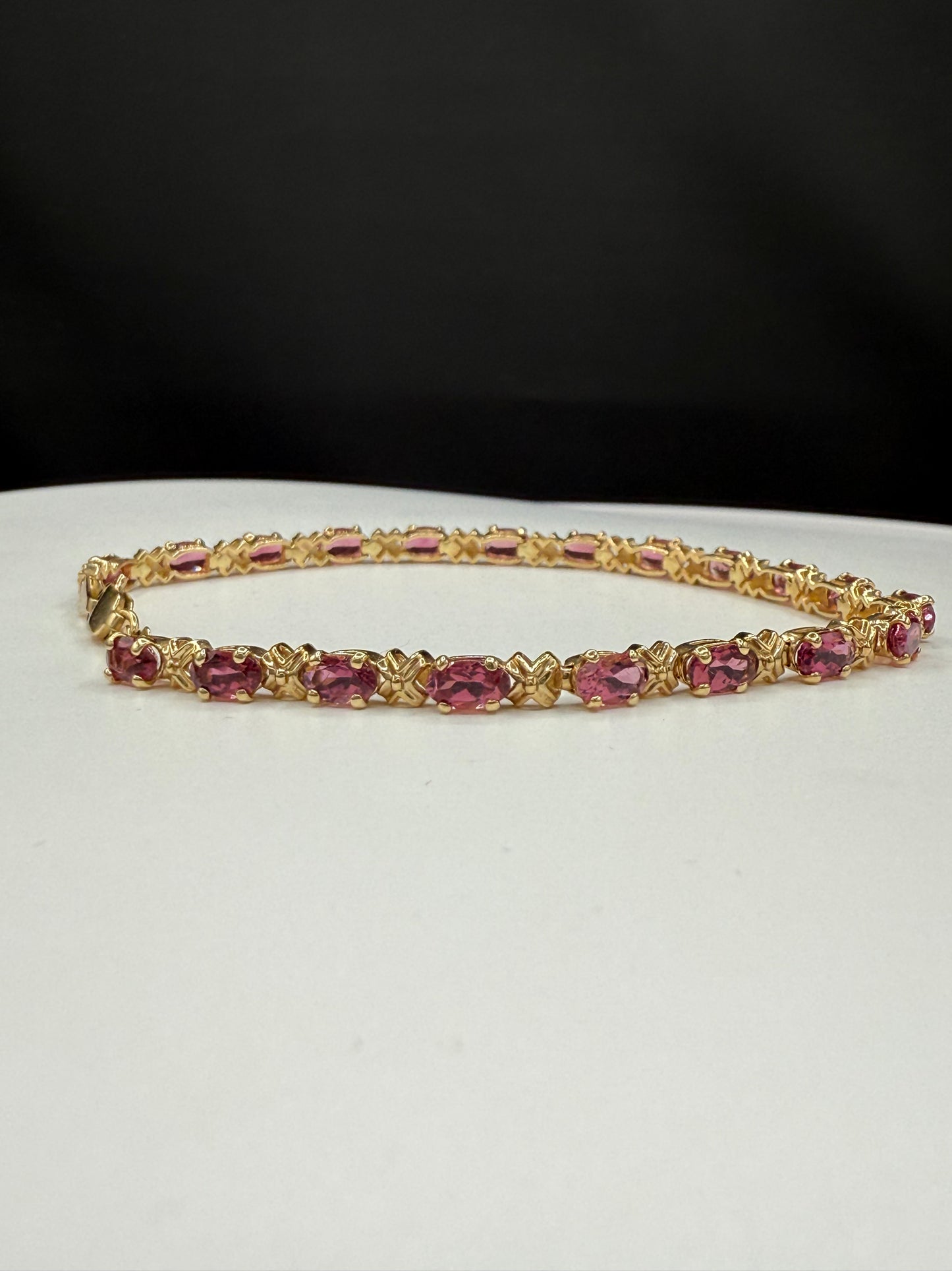 Natural Rubellite Pink Tourmaline 14k Yellow Gold Tennis Bracelet