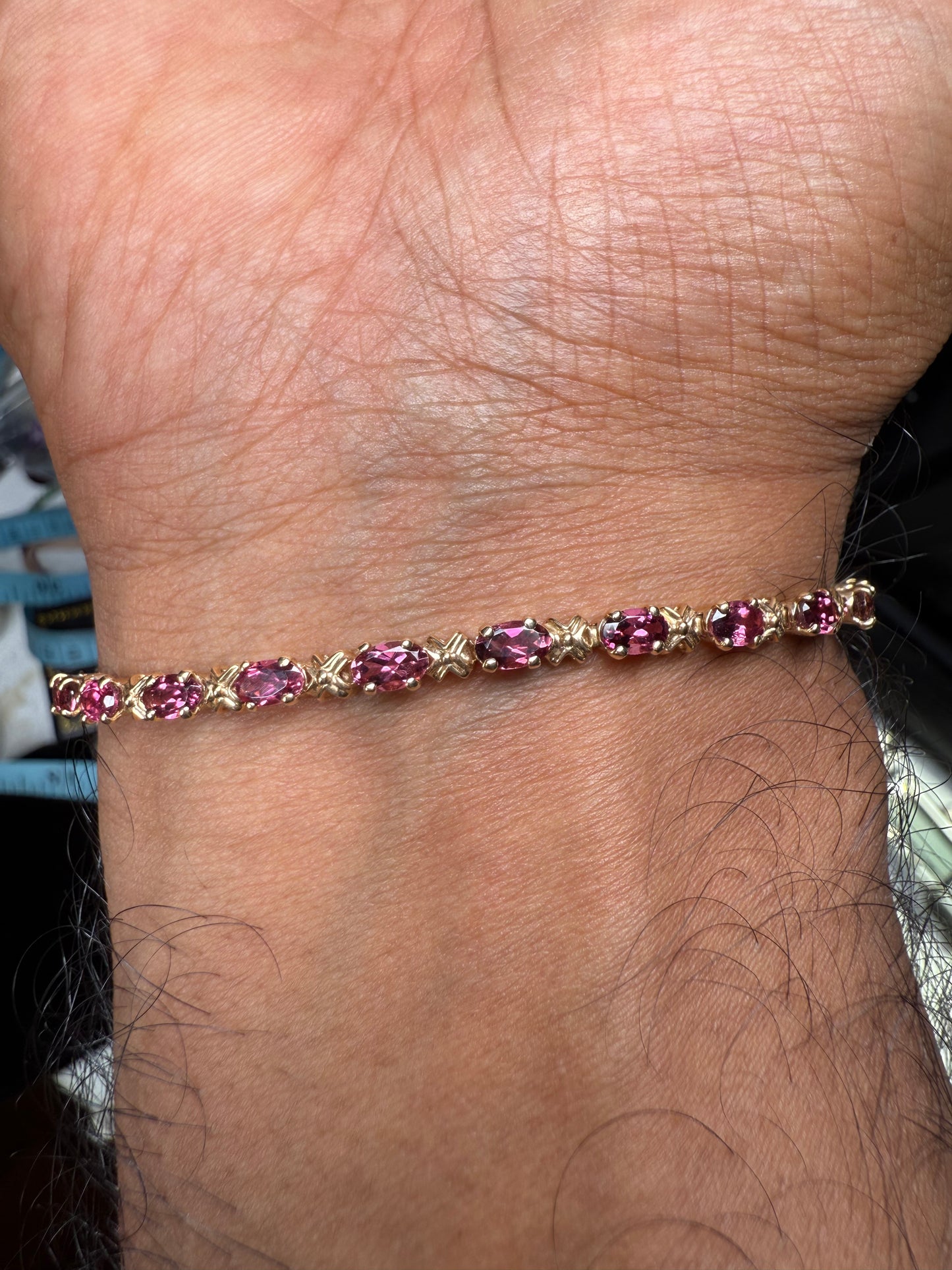 Natural Rubellite Pink Tourmaline 14k Yellow Gold Tennis Bracelet