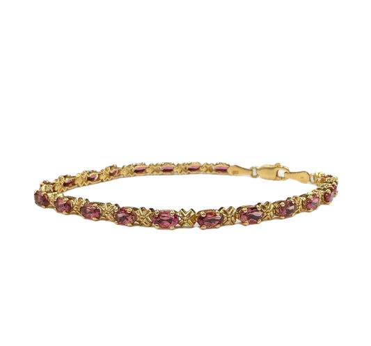 Natural Rubellite Pink Tourmaline 14k Yellow Gold Tennis Bracelet