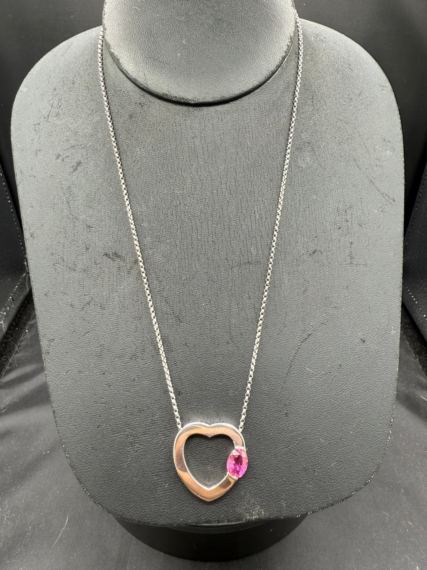 Vintage Rubellite Tourmaline Heart Necklace – 14k White Gold Pendant & 18” Chain – 2 Carats – Italian Made