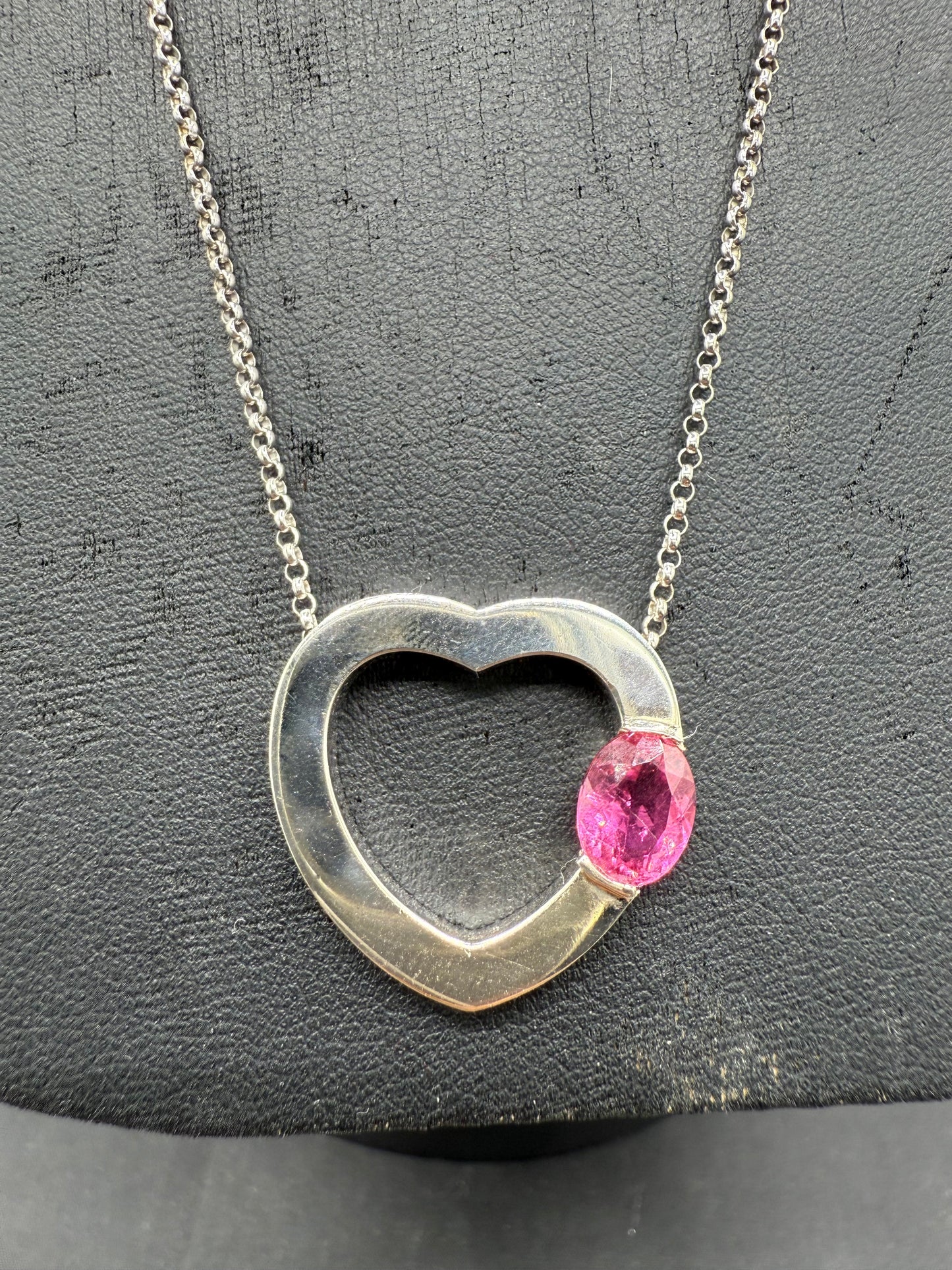 Vintage Rubellite Tourmaline Heart Necklace – 14k White Gold Pendant & 18” Chain – 2 Carats – Italian Made
