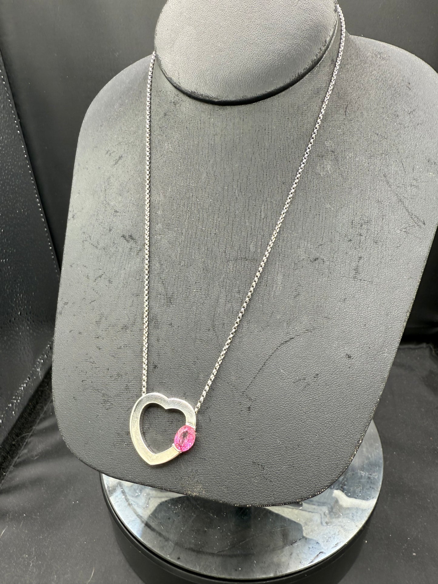 Vintage Rubellite Tourmaline Heart Necklace – 14k White Gold Pendant & 18” Chain – 2 Carats – Italian Made