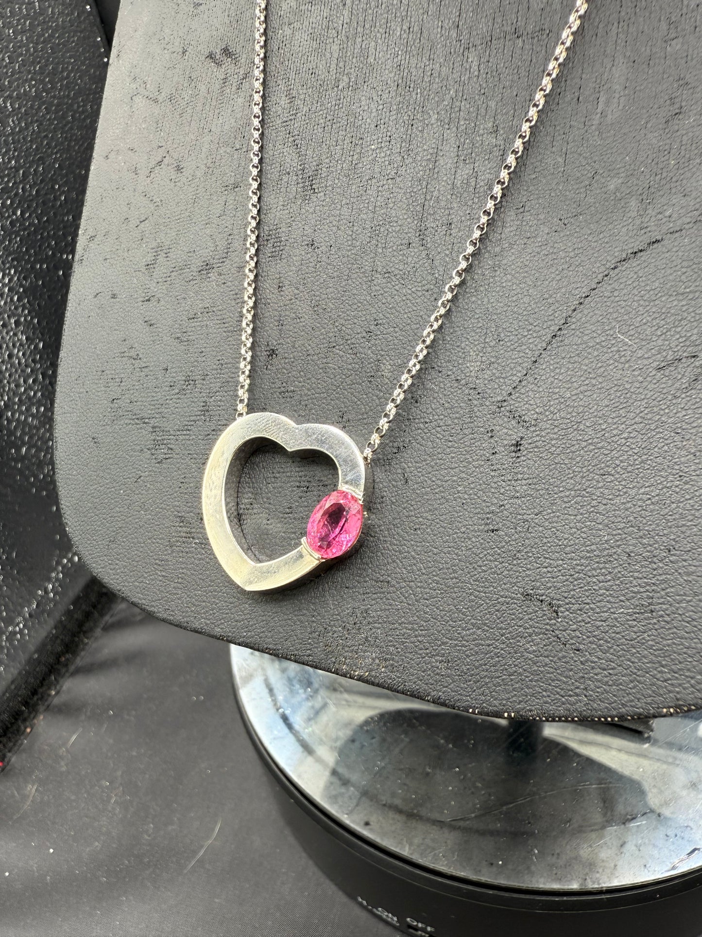 Vintage Rubellite Tourmaline Heart Necklace – 14k White Gold Pendant & 18” Chain – 2 Carats – Italian Made