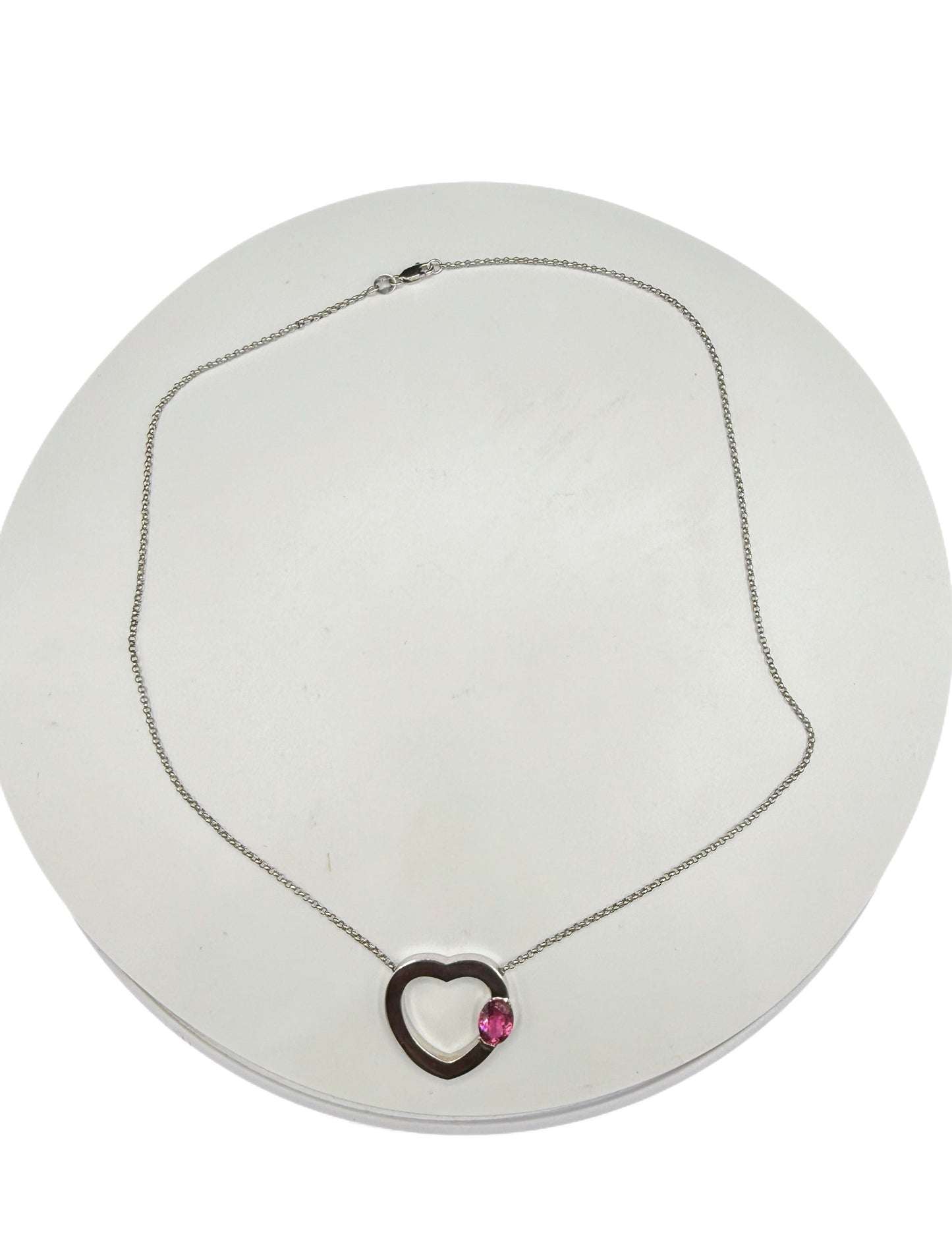 Vintage Rubellite Tourmaline Heart Necklace – 14k White Gold Pendant & 18” Chain – 2 Carats – Italian Made