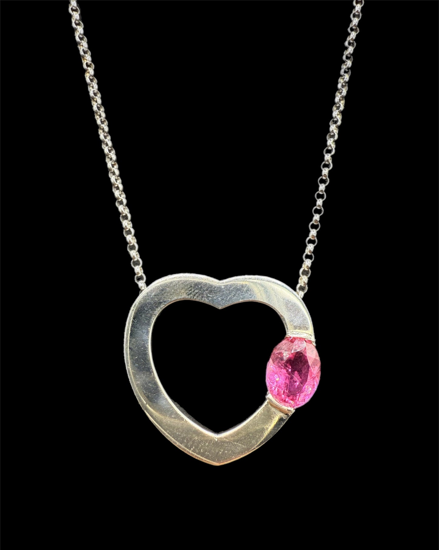 Vintage Rubellite Tourmaline Heart Necklace – 14k White Gold Pendant & 18” Chain – 2 Carats – Italian Made