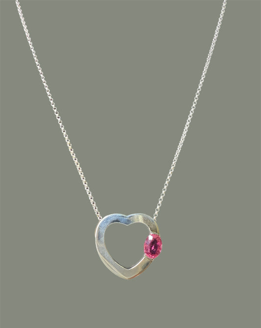 Vintage Rubellite Tourmaline Heart Necklace – 14k White Gold Pendant & 18” Chain – 2 Carats – Italian Made
