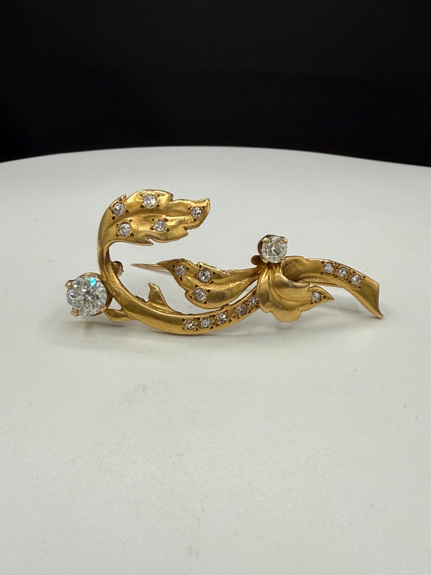 Antique 14K Yellow Gold Diamond Brooch | 1.35ct Old European & Single Cut Diamonds | Art Nouveau Style