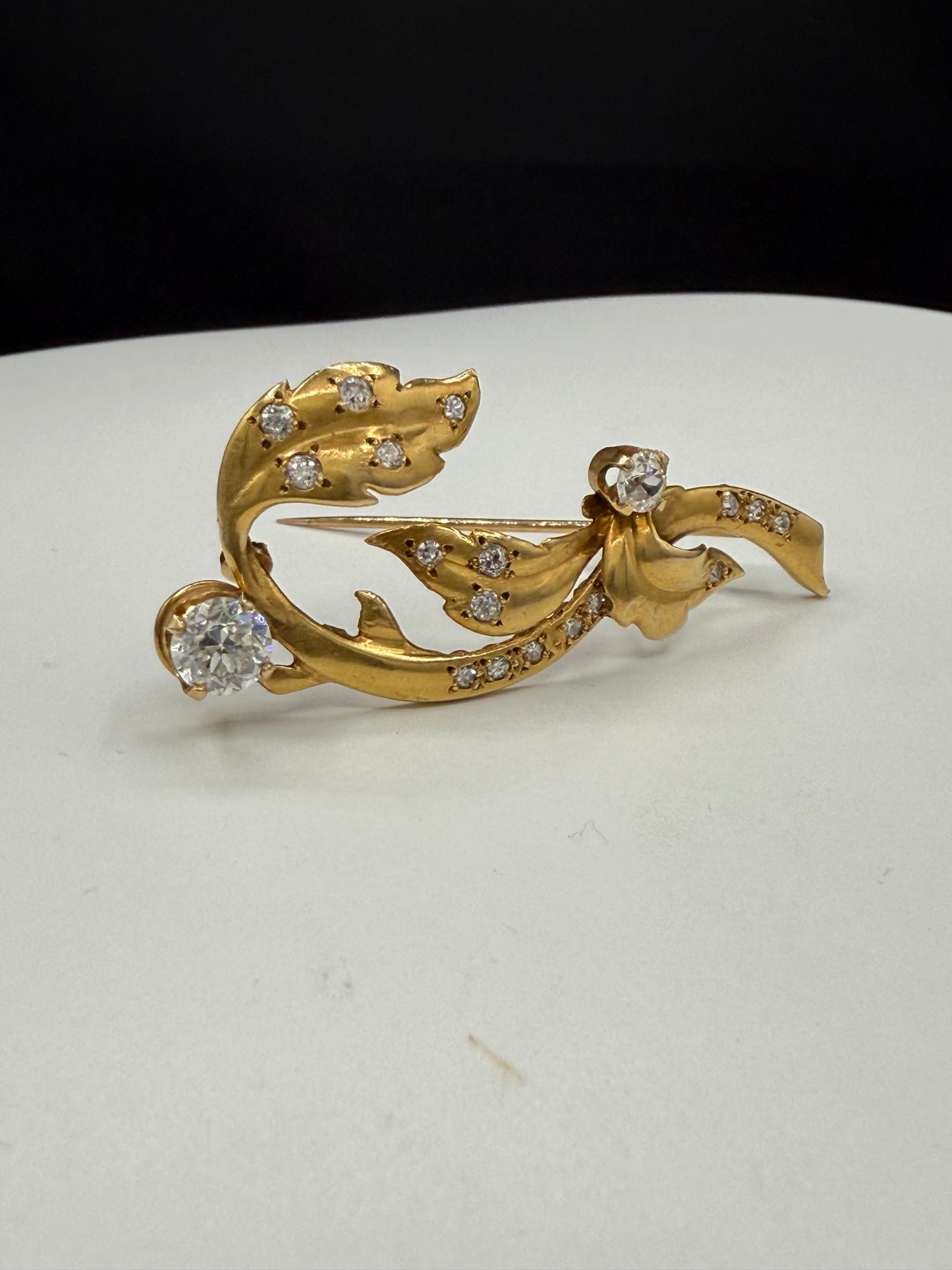 Antique 14K Yellow Gold Diamond Brooch | 1.35ct Old European & Single Cut Diamonds | Art Nouveau Style