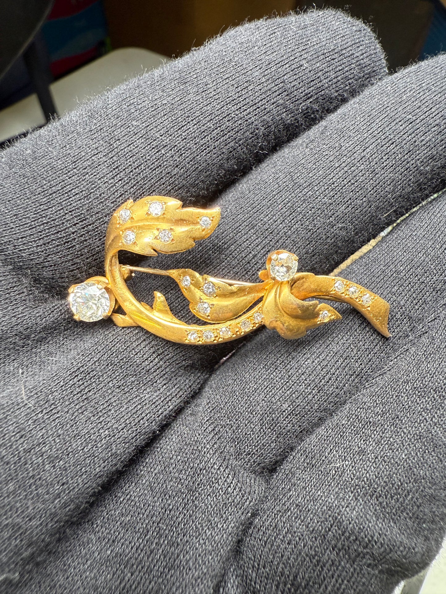 Antique 14K Yellow Gold Diamond Brooch | 1.35ct Old European & Single Cut Diamonds | Art Nouveau Style