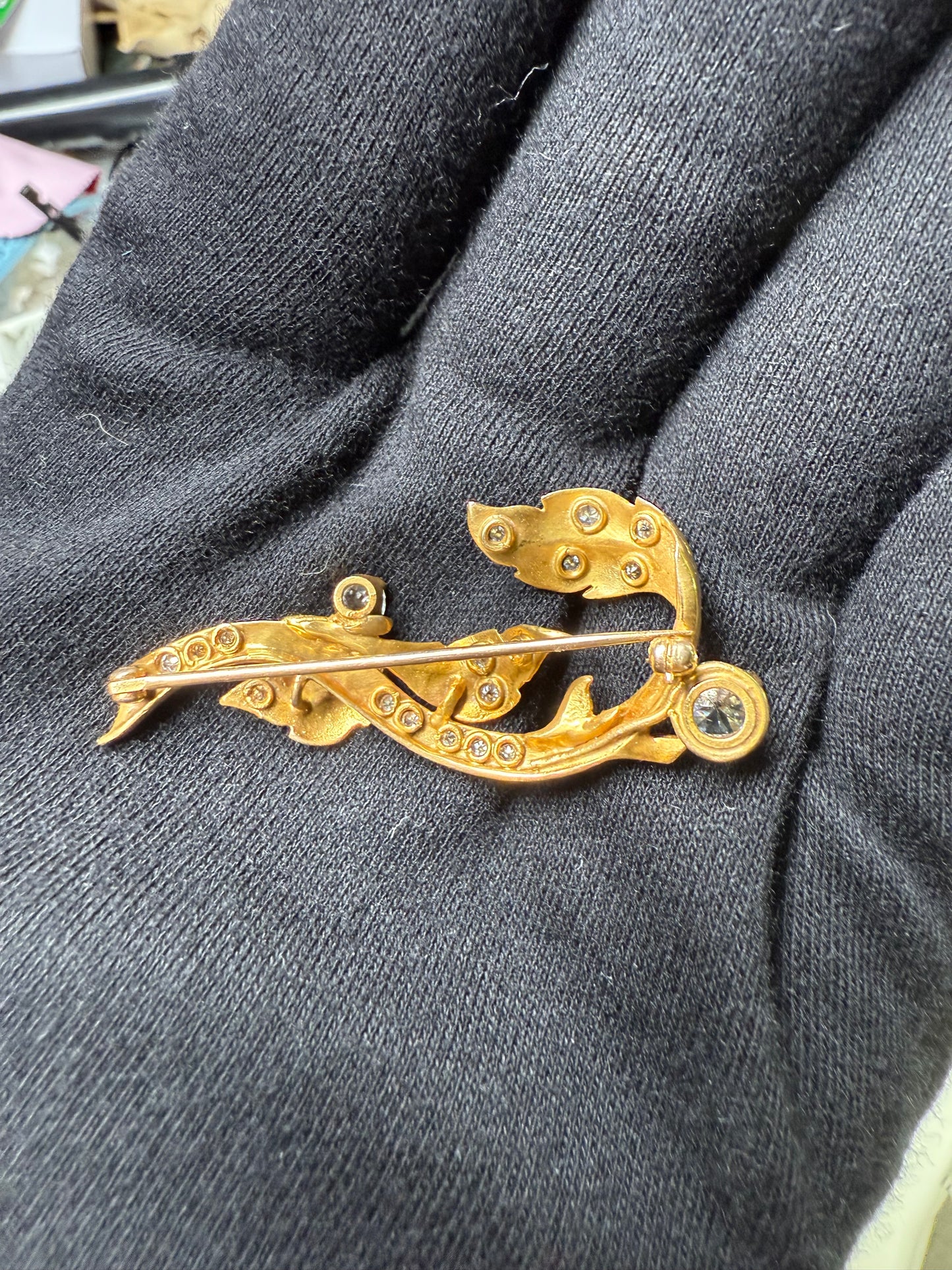 Antique 14K Yellow Gold Diamond Brooch | 1.35ct Old European & Single Cut Diamonds | Art Nouveau Style