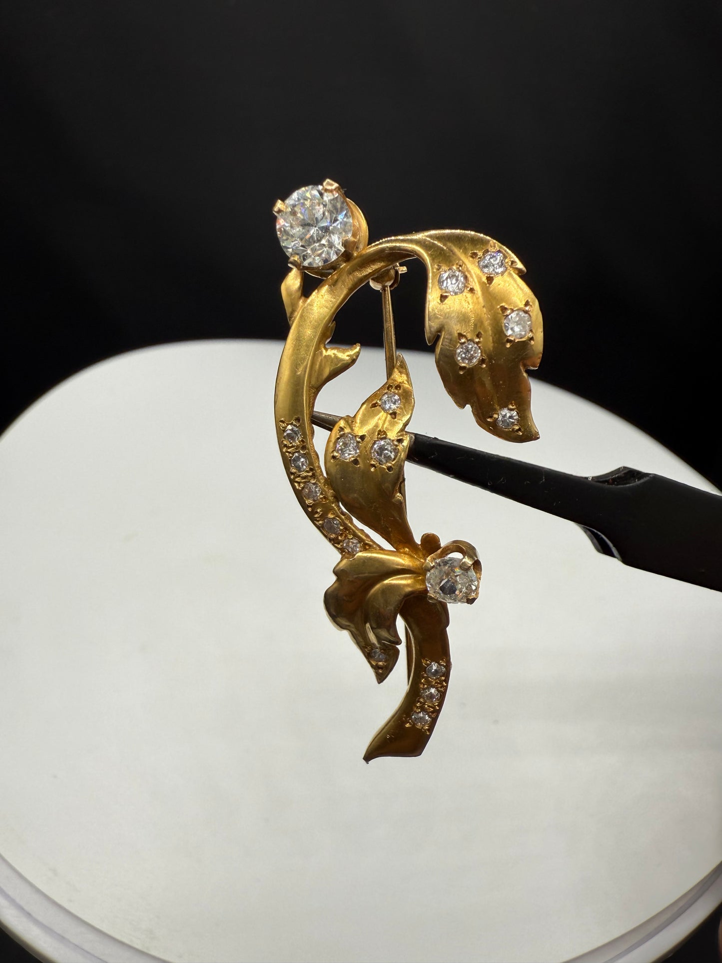 Antique 14K Yellow Gold Diamond Brooch | 1.35ct Old European & Single Cut Diamonds | Art Nouveau Style