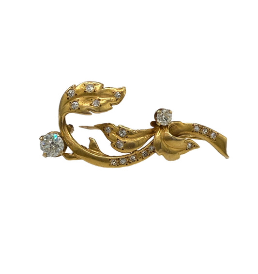 Antique 14K Yellow Gold Diamond Brooch | 1.35ct Old European & Single Cut Diamonds | Art Nouveau Style