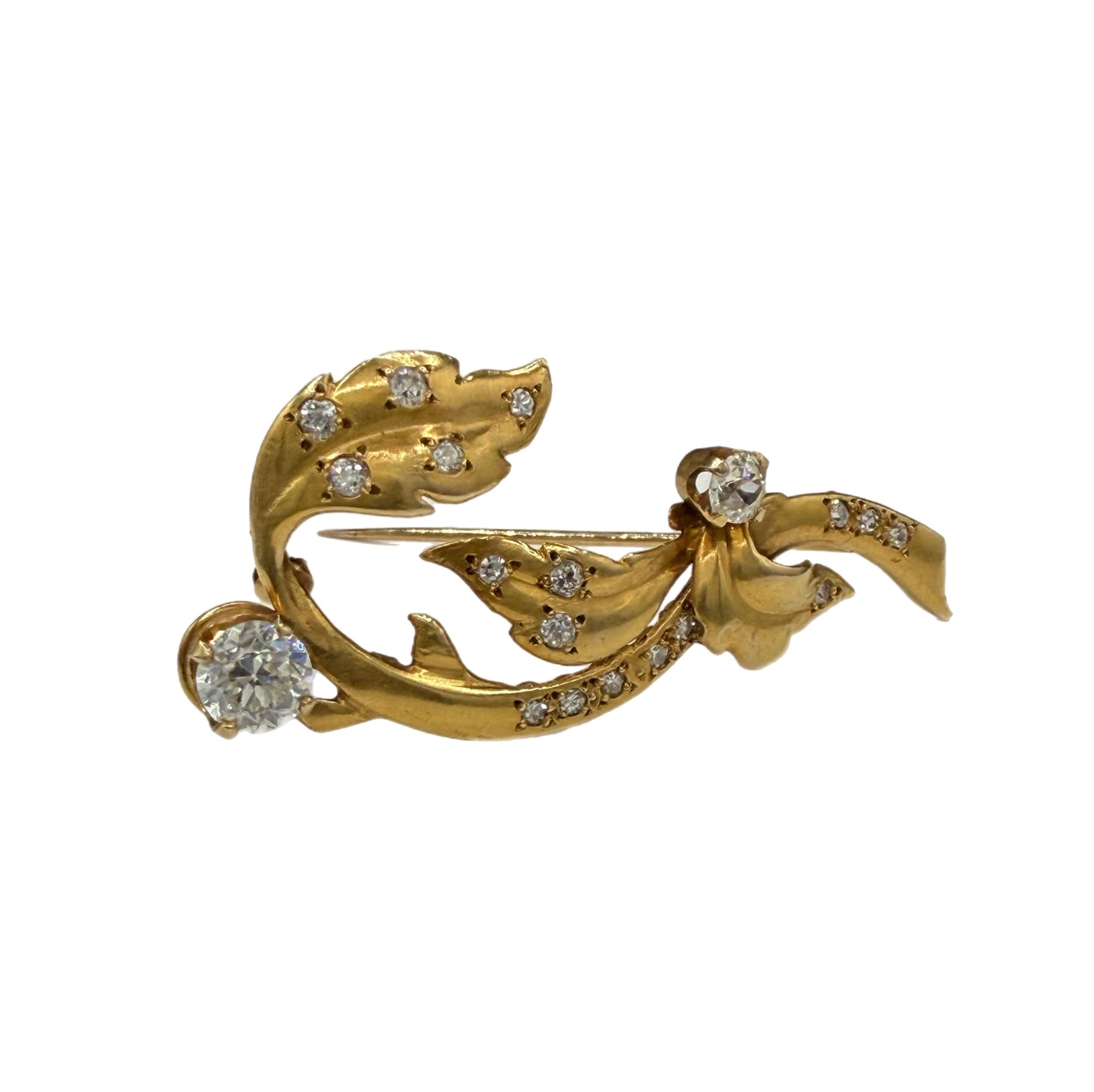 Antique 14K Yellow Gold Diamond Brooch | 1.35ct Old European & Single Cut Diamonds | Art Nouveau Style