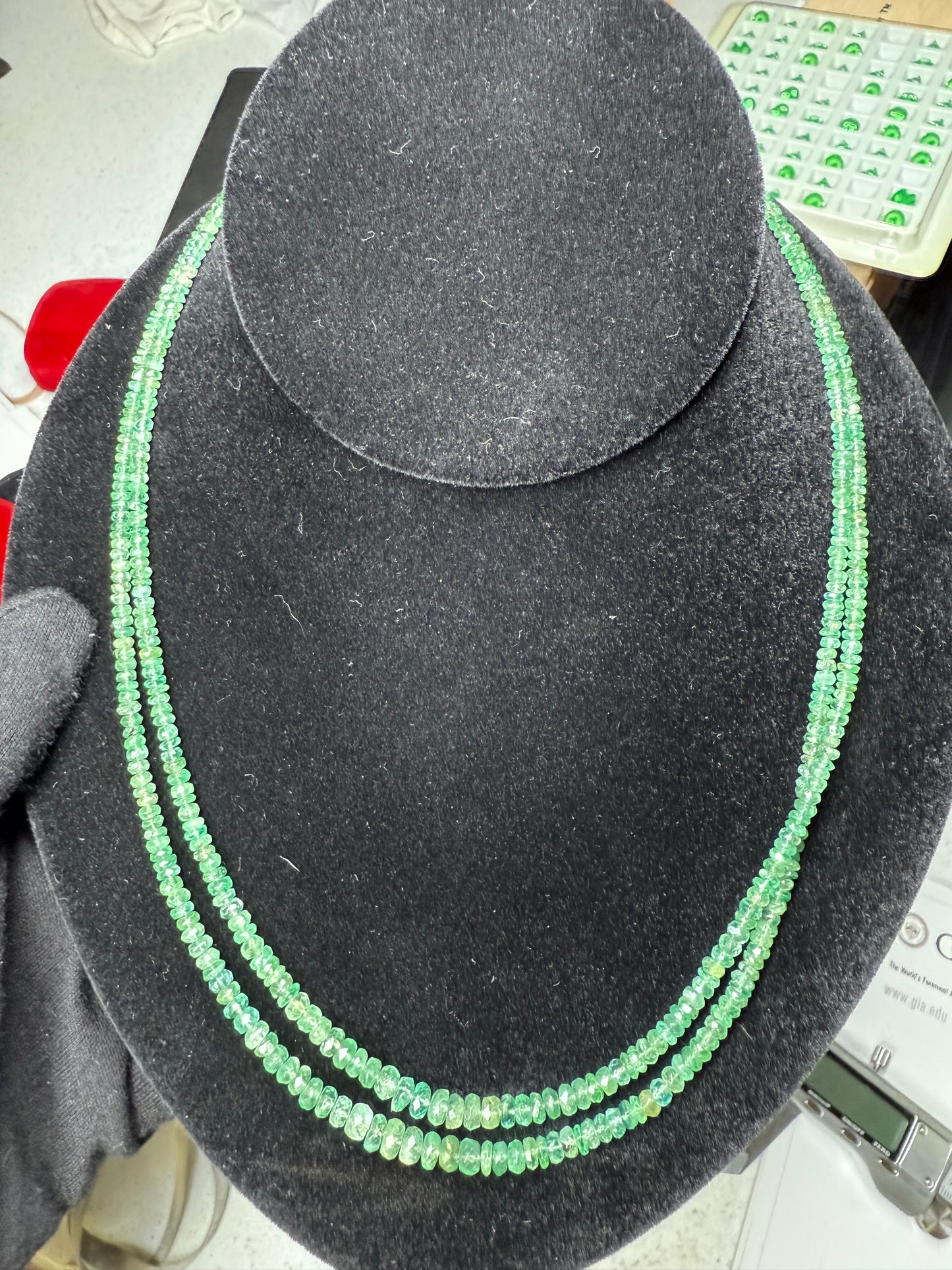 Natural Emerald Double-Strand Faceted Bead Necklace with 18K Gold Clasp | 19”
