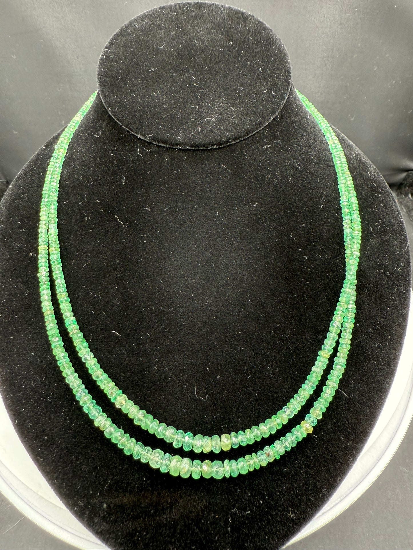 Natural Emerald Double-Strand Faceted Bead Necklace with 18K Gold Clasp | 19”