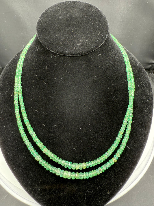 Natural Emerald Double-Strand Faceted Bead Necklace with 18K Gold Clasp | 19”