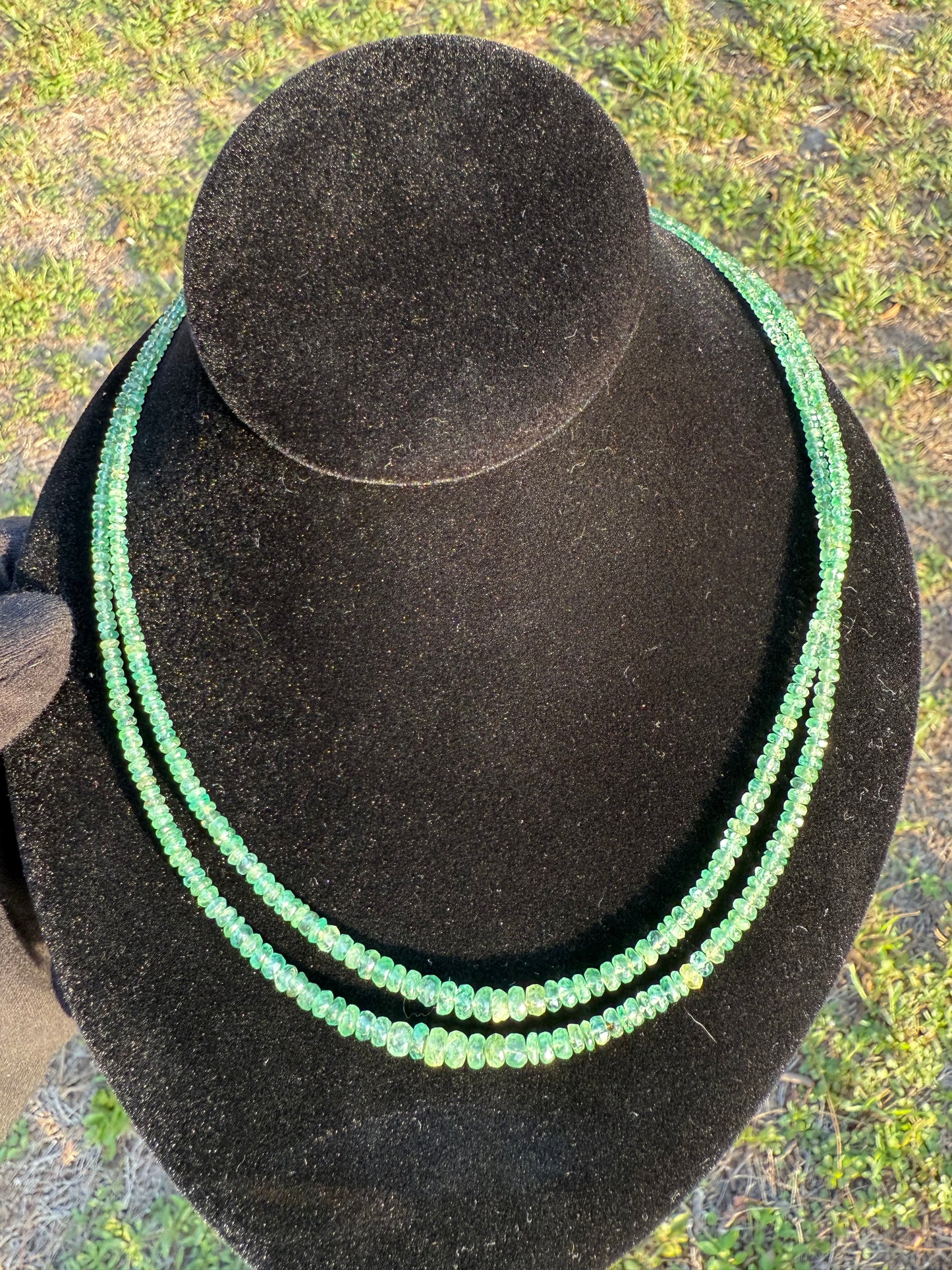 Natural Emerald Double-Strand Faceted Bead Necklace with 18K Gold Clasp | 19”