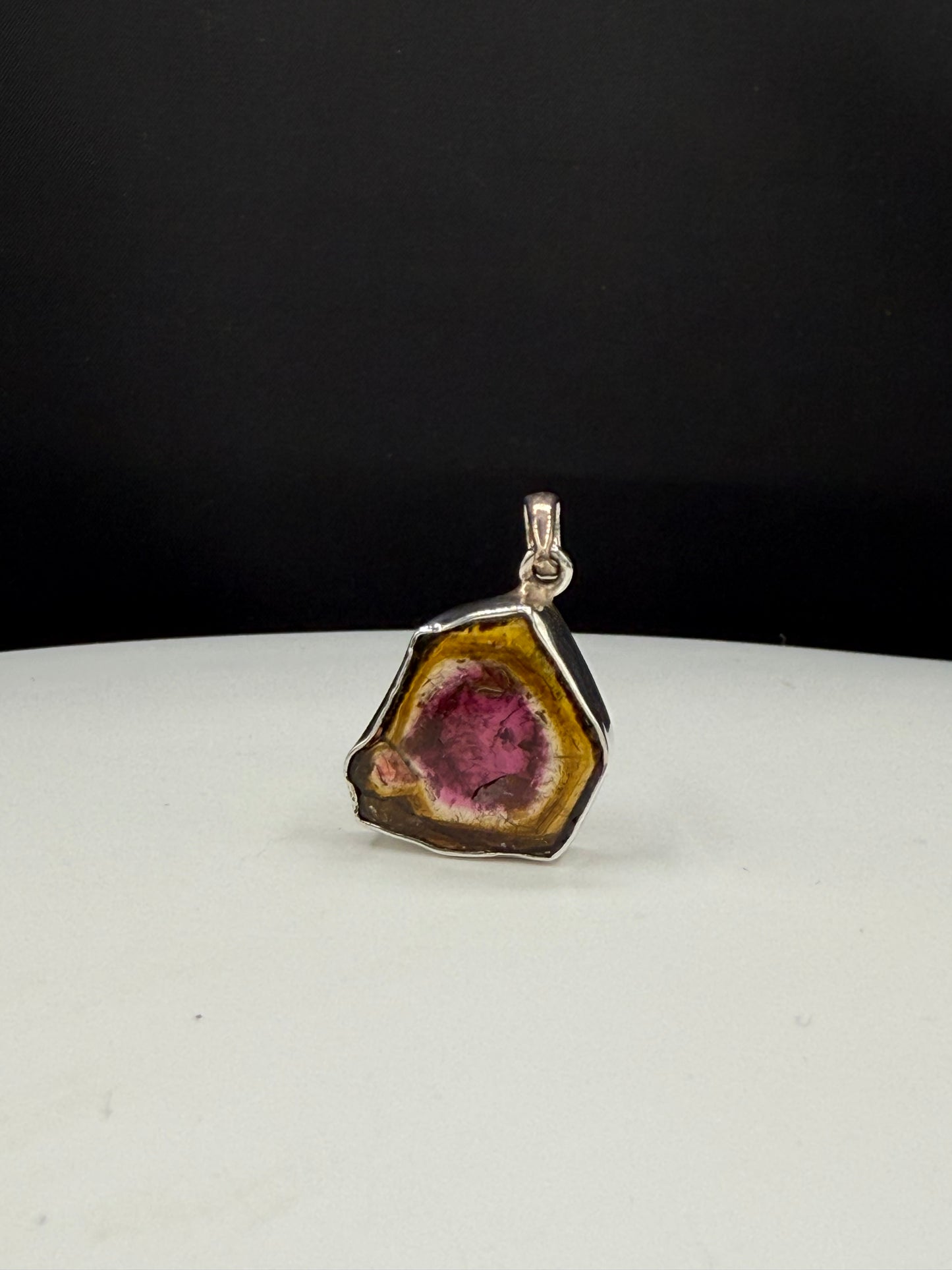 Natural Watermelon Tourmaline Slice Sterling Silver Pendant