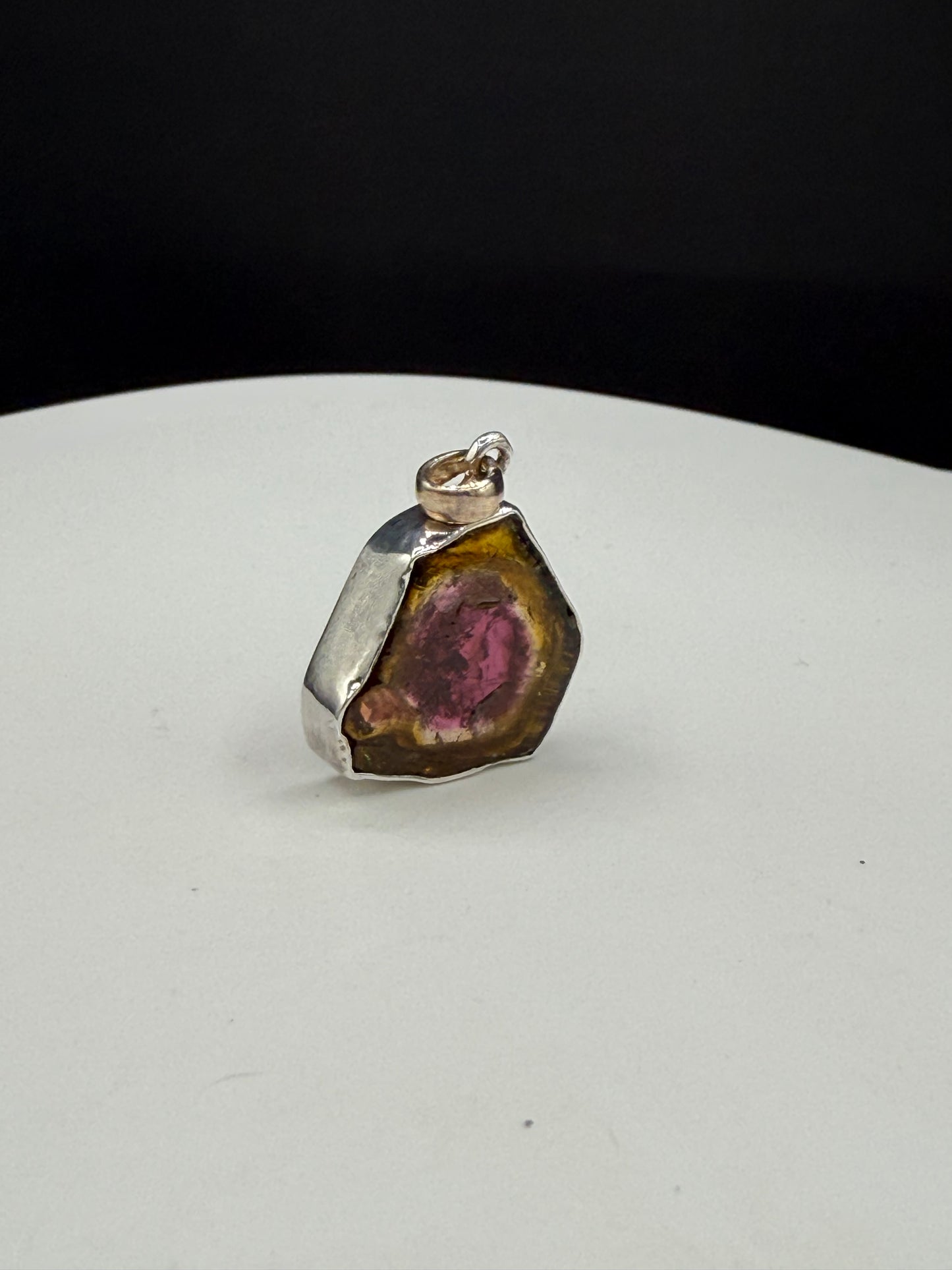Natural Watermelon Tourmaline Slice Sterling Silver Pendant