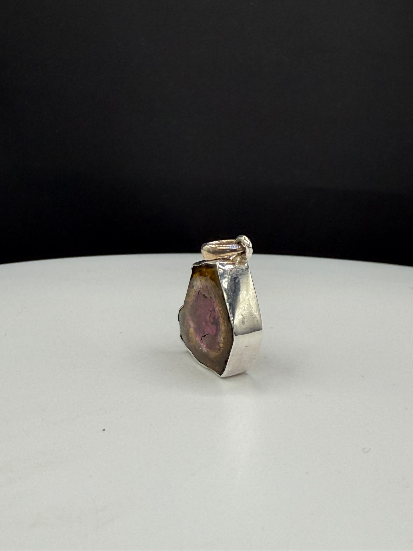 Natural Watermelon Tourmaline Slice Sterling Silver Pendant