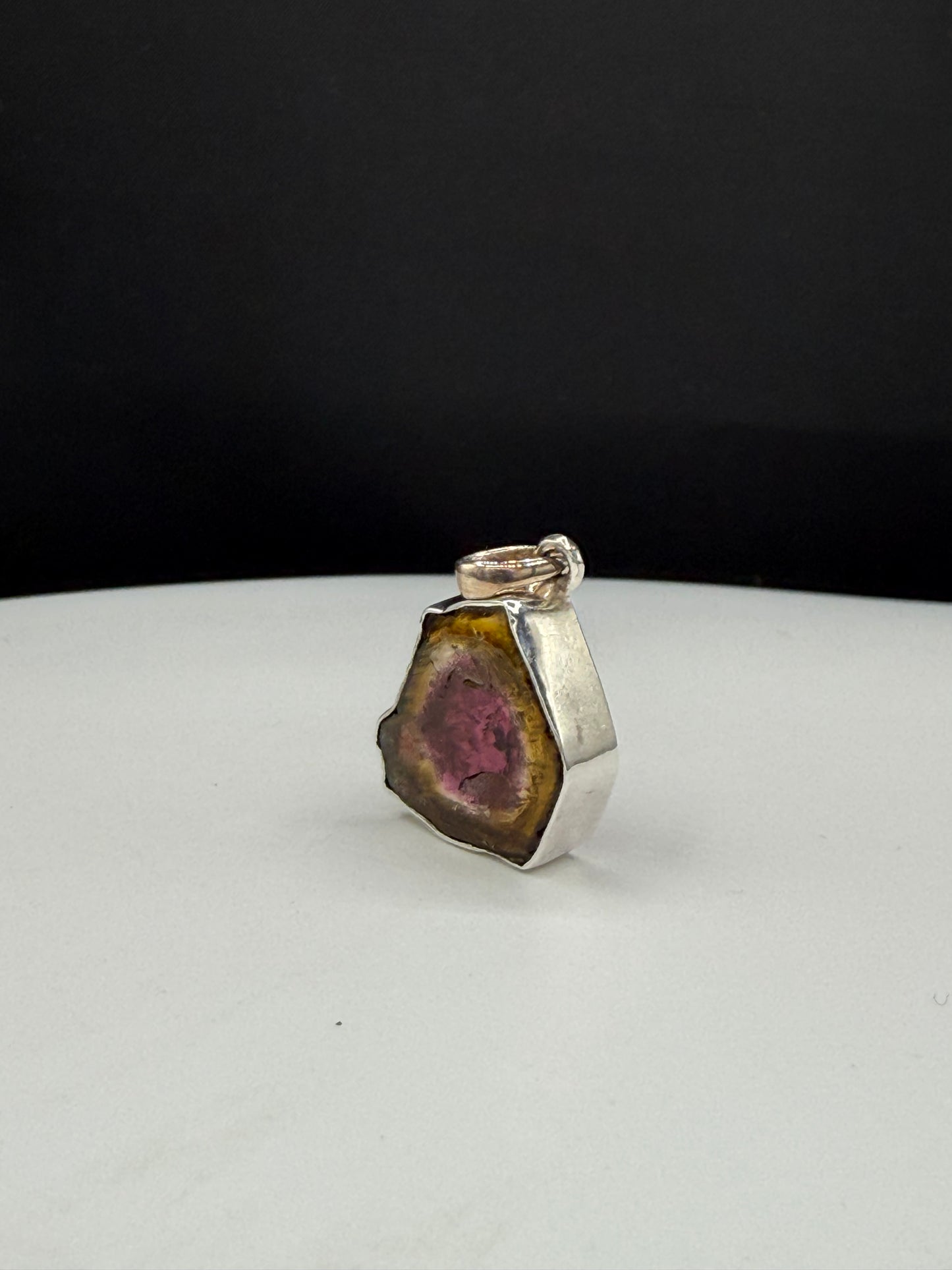 Natural Watermelon Tourmaline Slice Sterling Silver Pendant