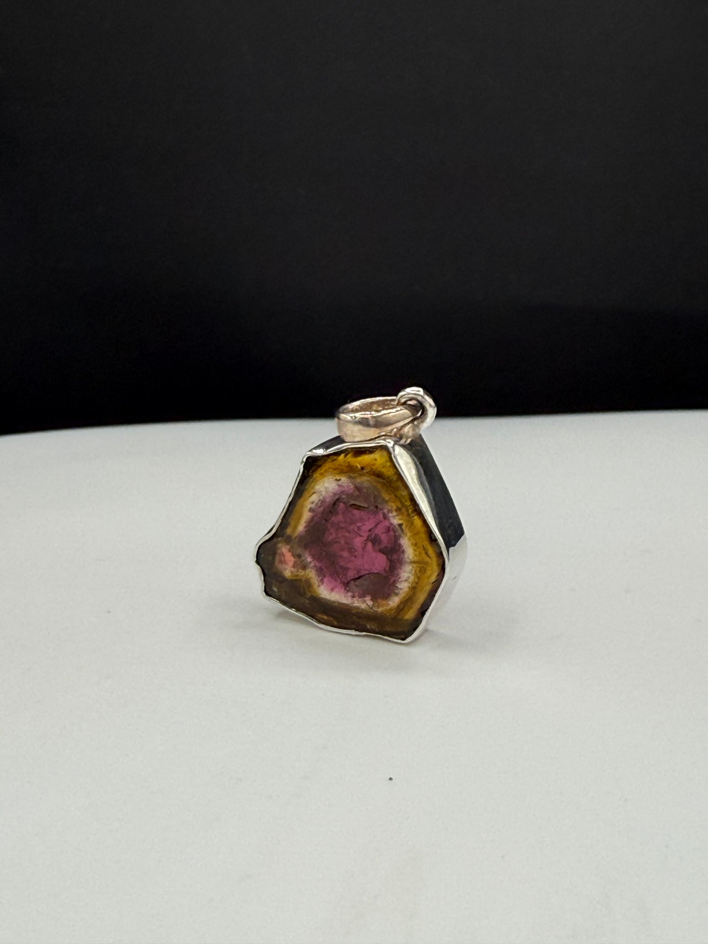 Natural Watermelon Tourmaline Slice Sterling Silver Pendant