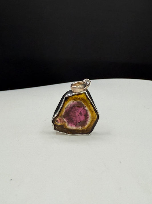 Natural Watermelon Tourmaline Slice Sterling Silver Pendant