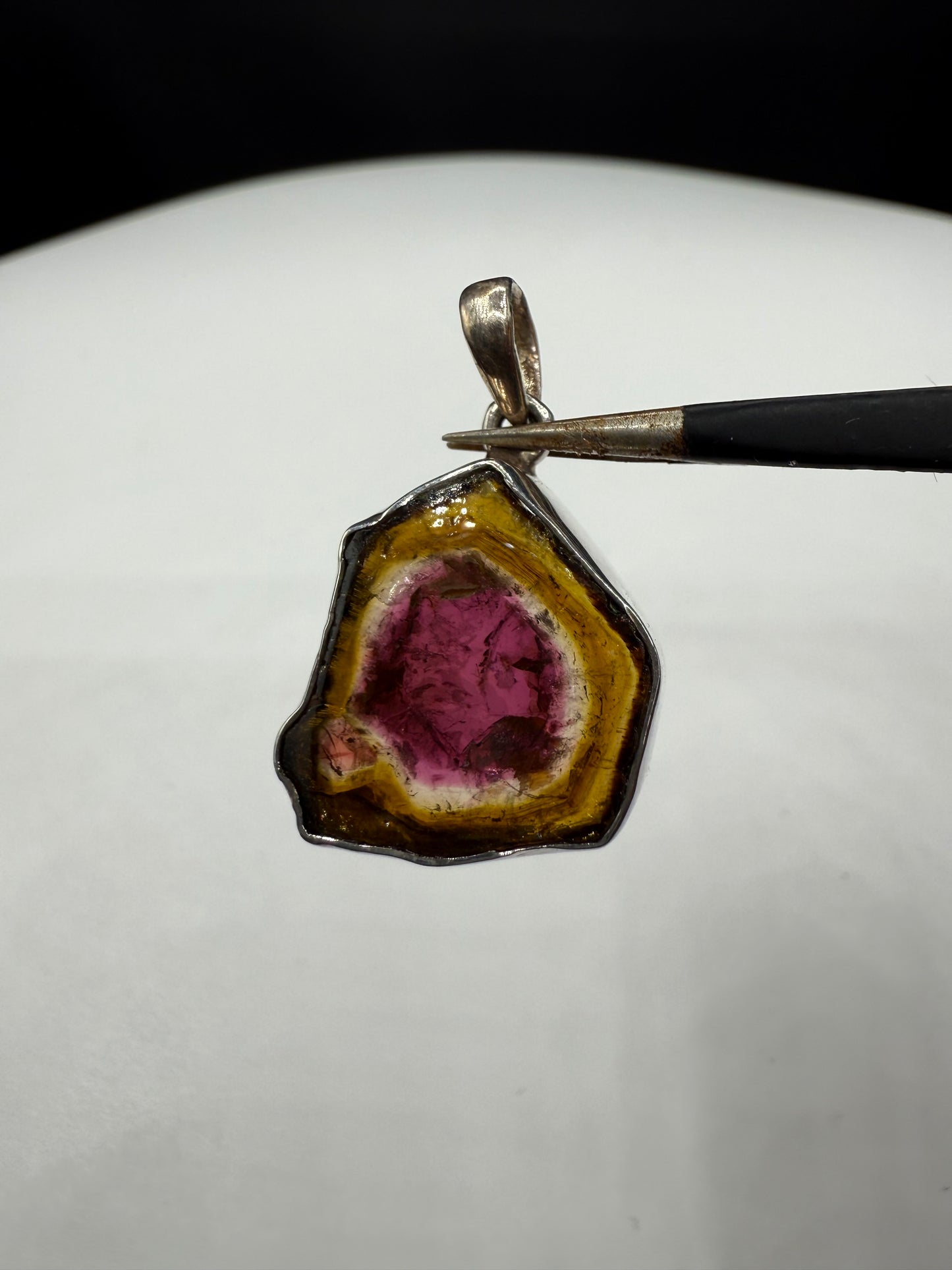 Natural Watermelon Tourmaline Slice Sterling Silver Pendant