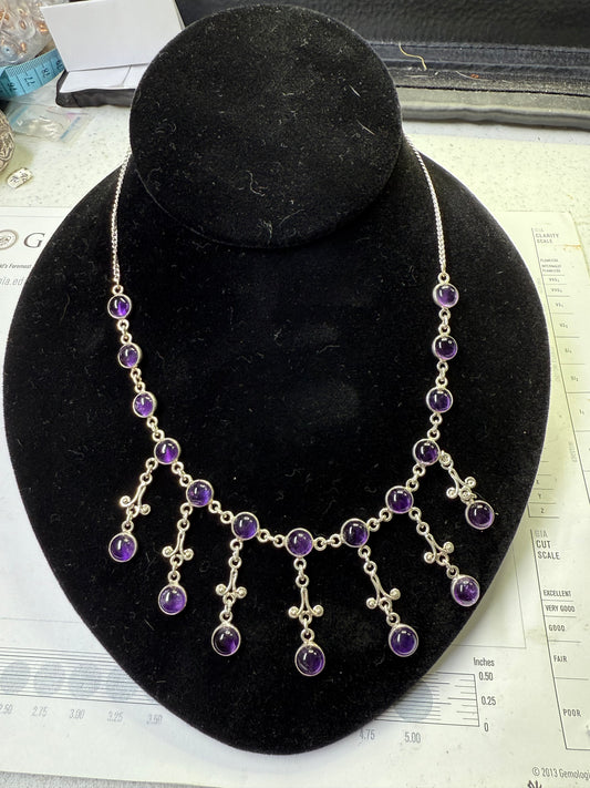 Handmade Natural Amethyst Sterling Silver Bib Necklace