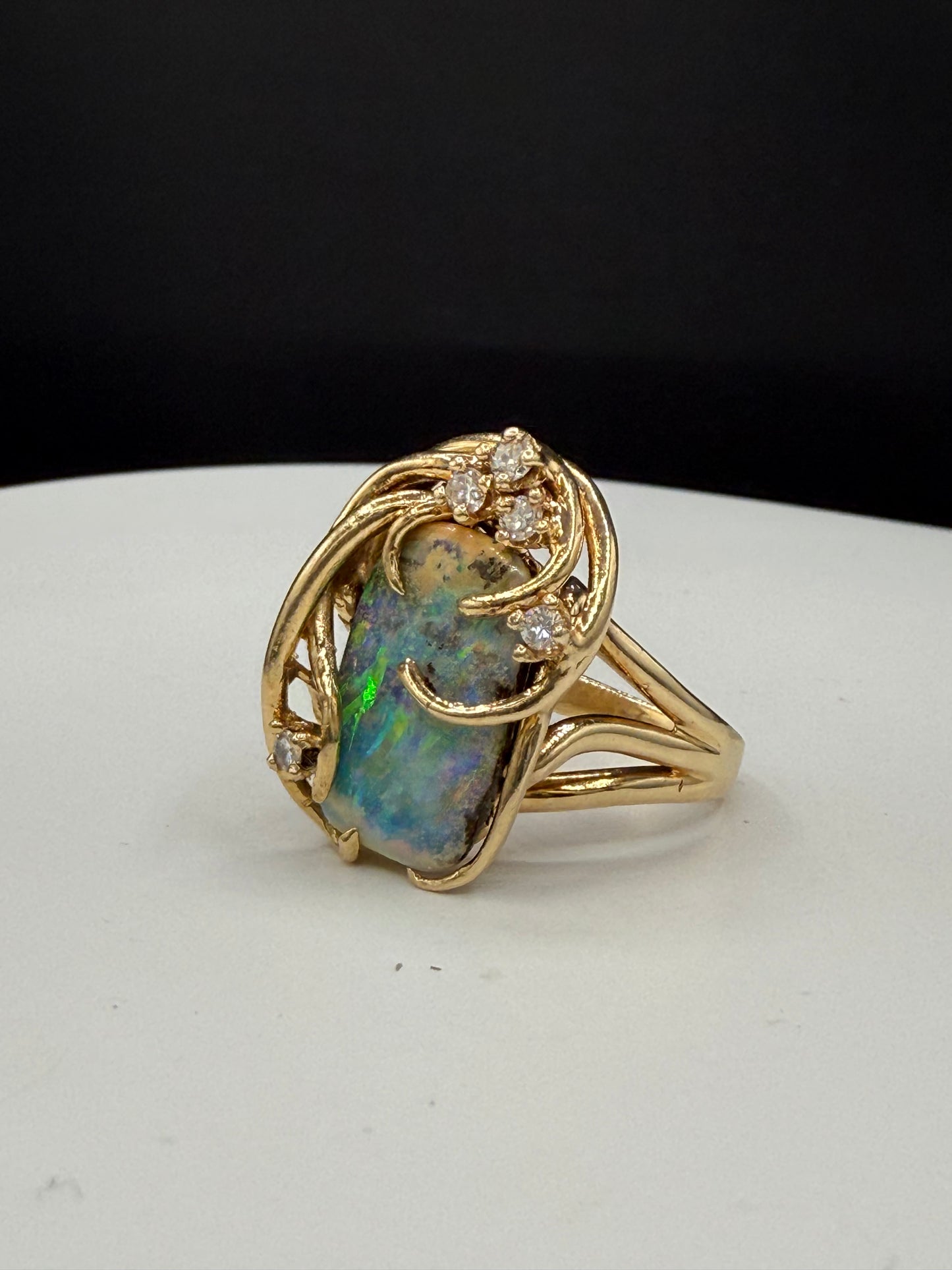 Natural Boulder Opal & Diamond 14k Yellow Gold Statement Ring (Size 7.25)