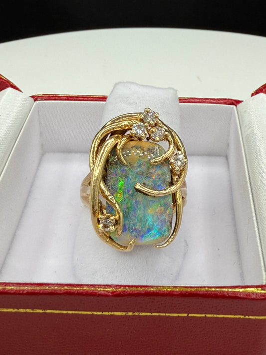 Natural Boulder Opal & Diamond 14k Yellow Gold Statement Ring (Size 7.25)