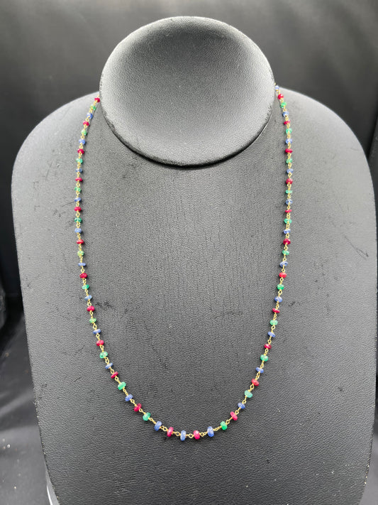 Faceted Ruby Emerald & Sapphire 18K Handmade Necklace (18 Inches)