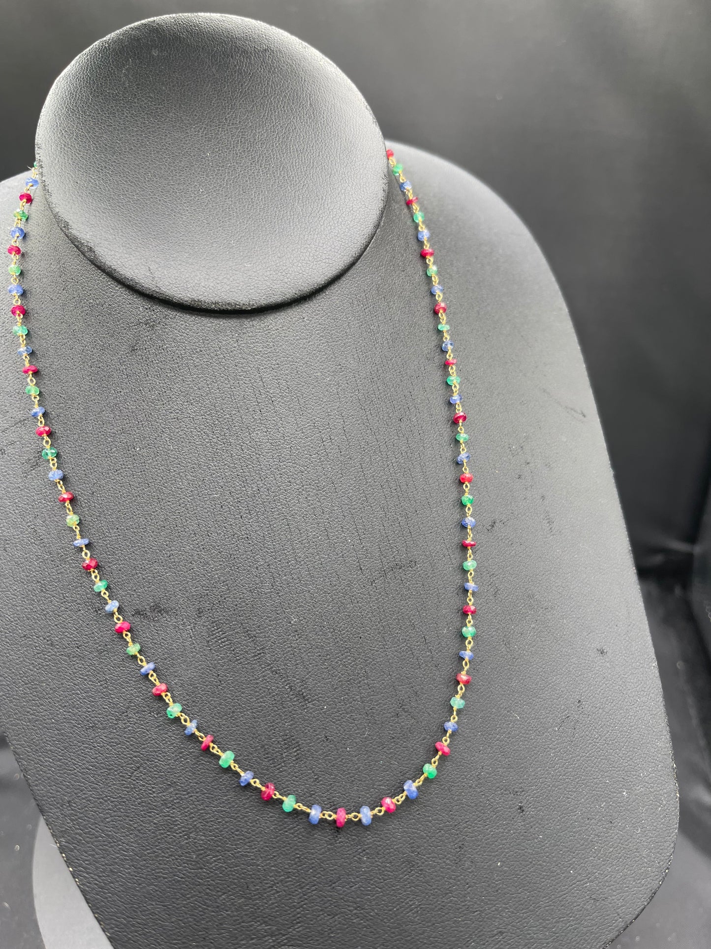 Faceted Ruby Emerald & Sapphire 18K Handmade Necklace (18 Inches)